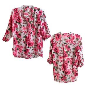 I Live 4 Truth Blouse Women Size L Pink Floral Hi Low Hem Roll Tab Sleeve